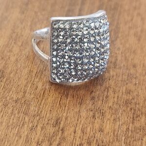 Sterling Silver Textured With Crystal Stones Square Ring